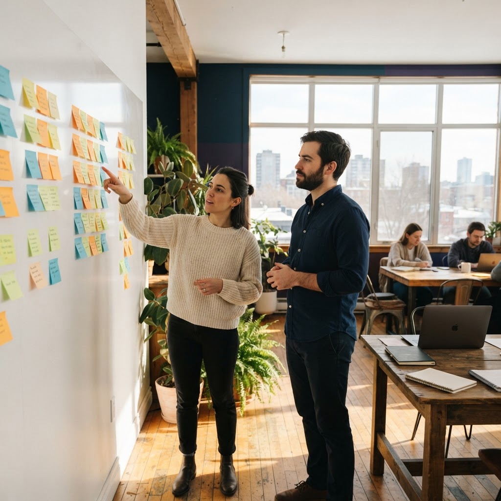 Two founders collaborating in a bright modern office