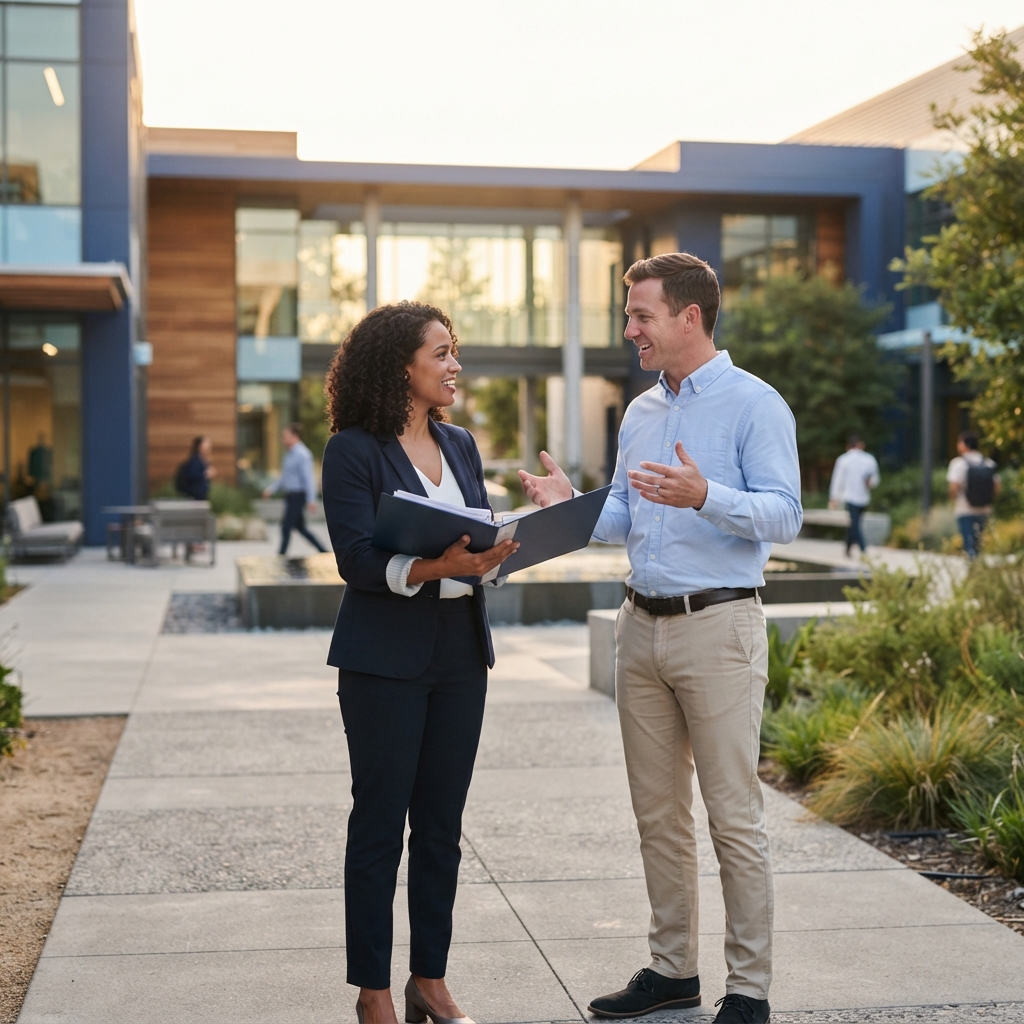Two colleagues discussing plans in a bright outdoor courtyard