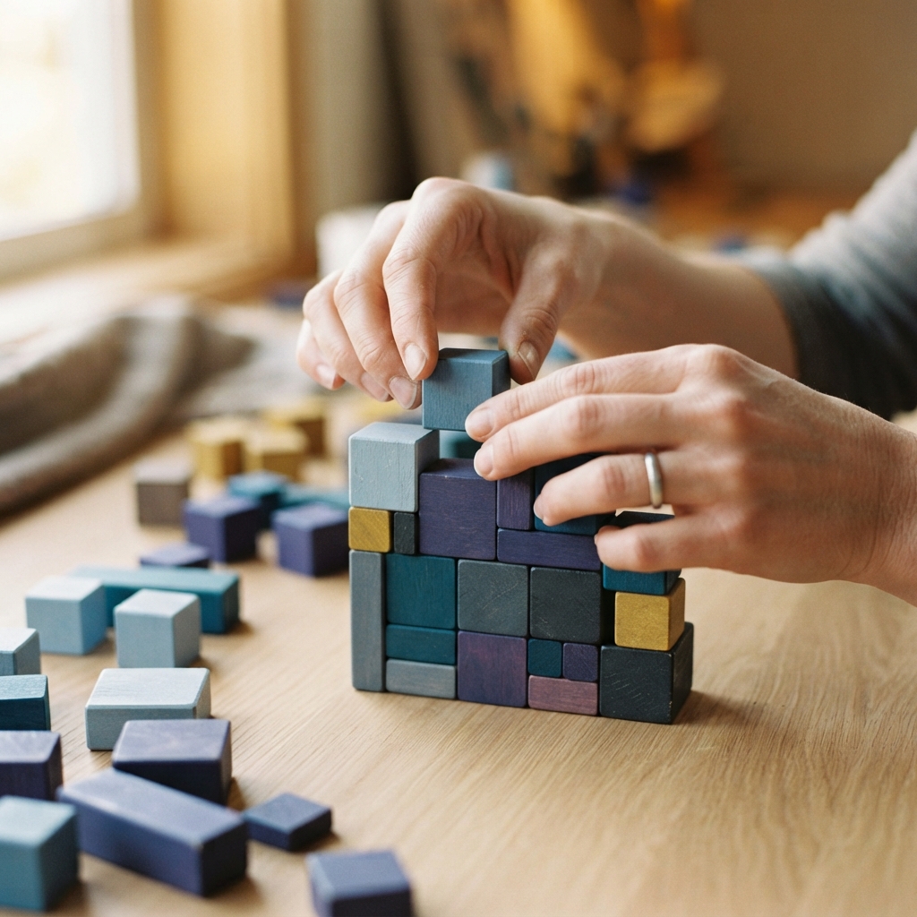 Hands arranging wooden blocks into an organized formation