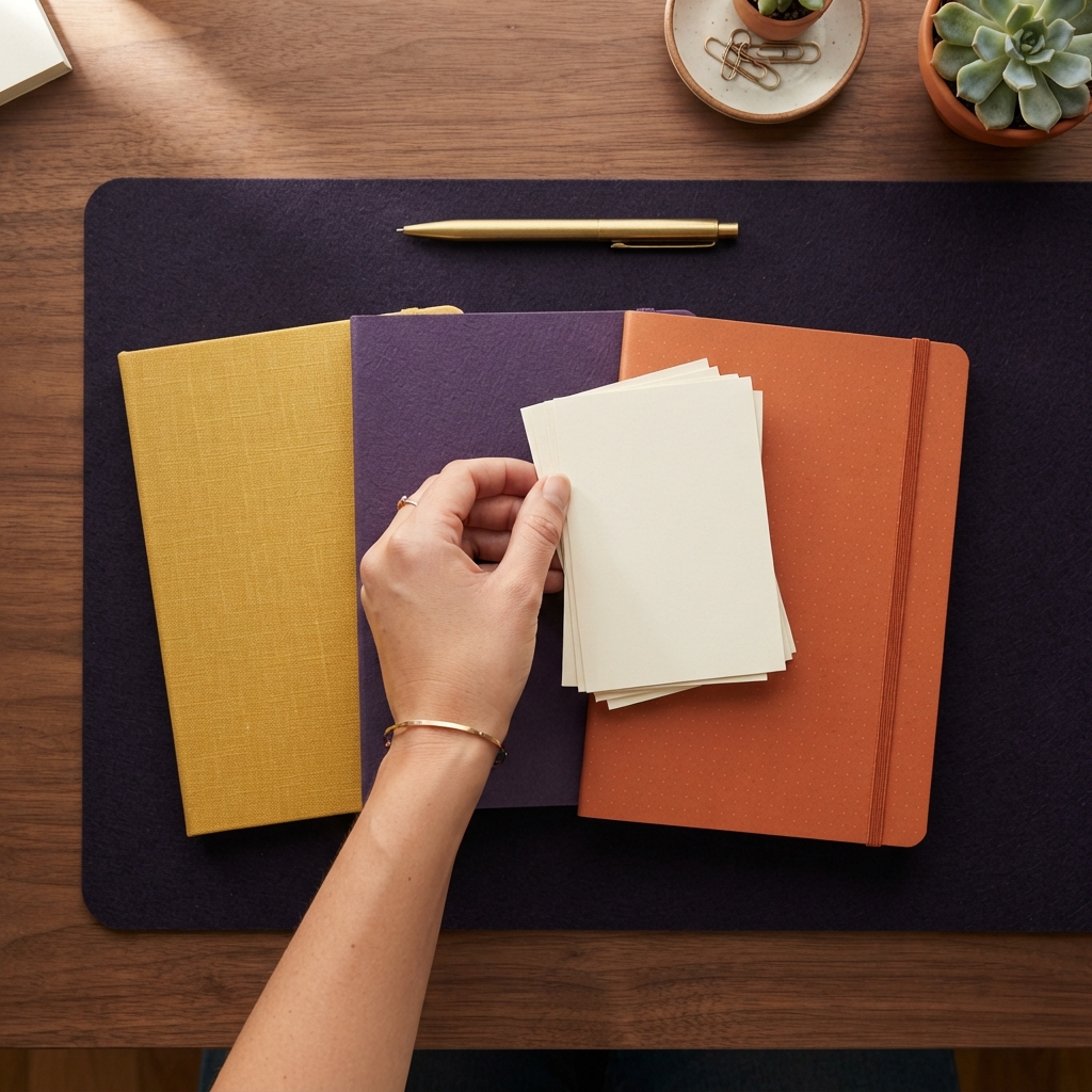 Organized desk space with notebooks and index cards
