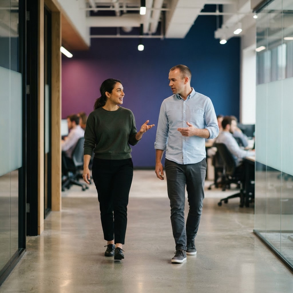Two colleagues walking and talking in an office