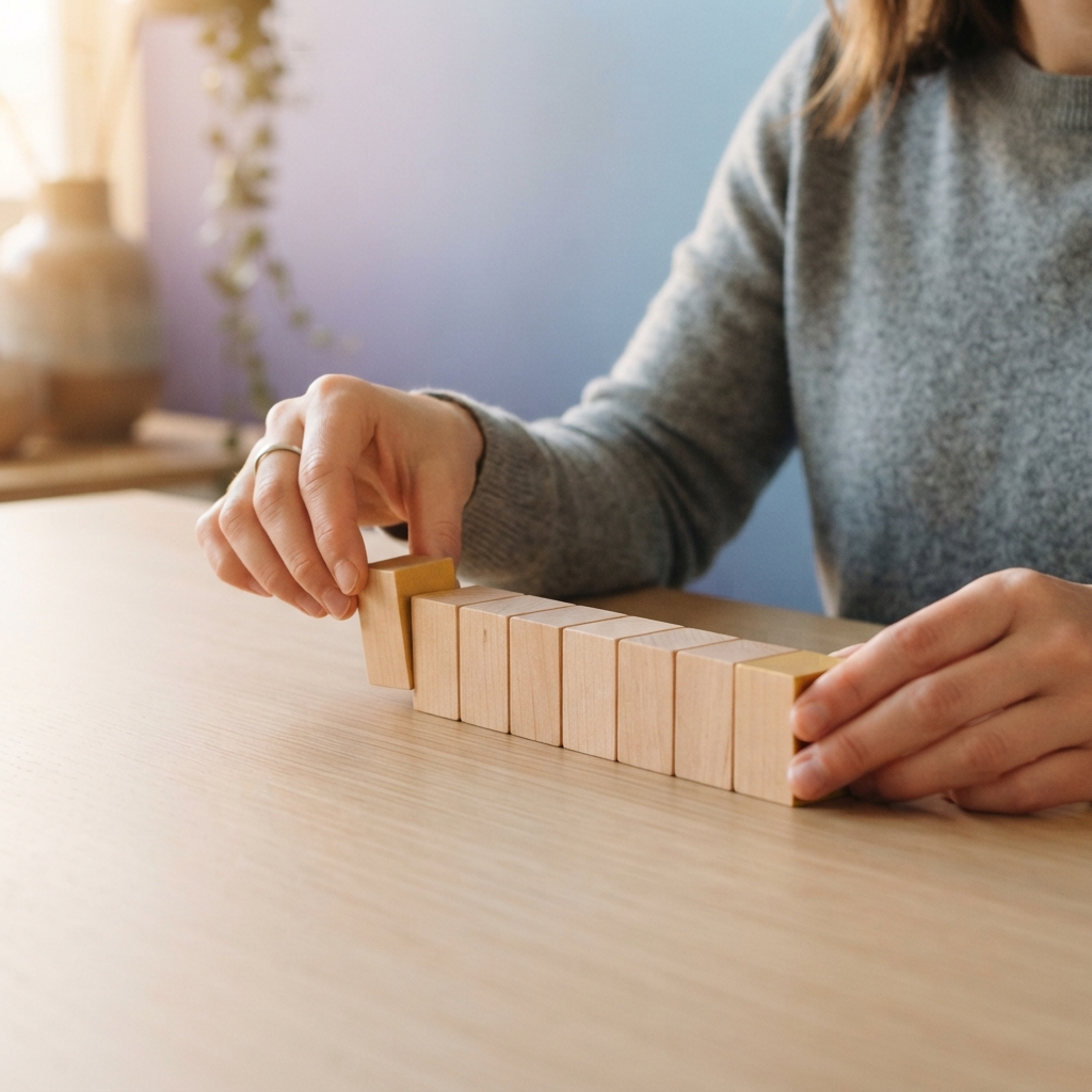 Neatly arranged wooden blocks on a clean desk
