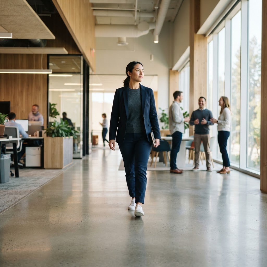 Team member walking through an energetic modern workspace