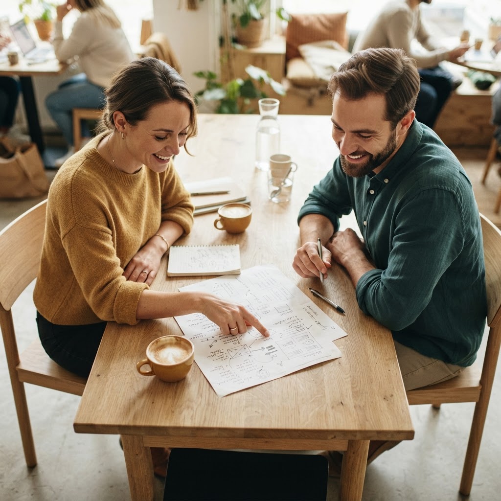 Two people reviewing physical documents together