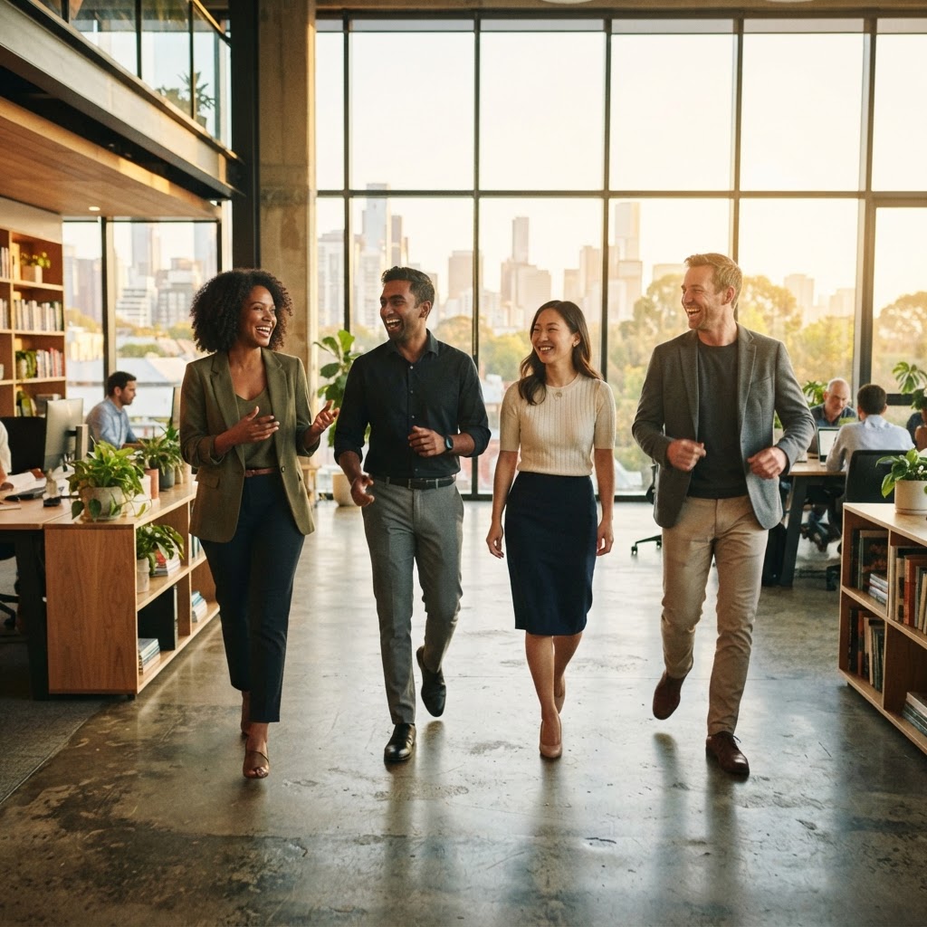 A team walking together in a modern bright workspace