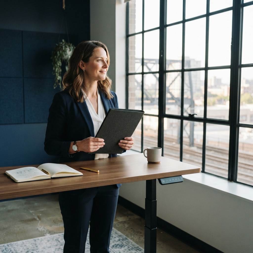 Office professional looking out a window with a folder