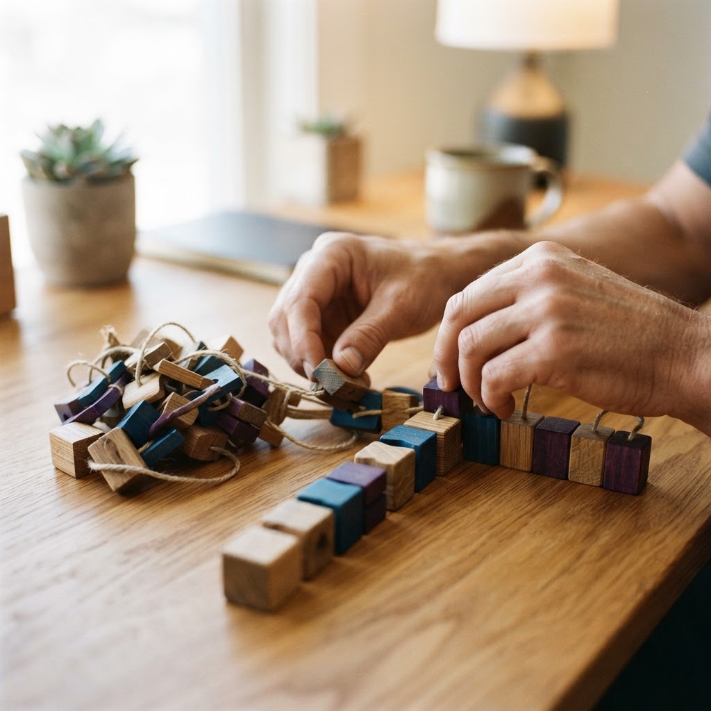 Hands untangling wooden blocks into a straight line
