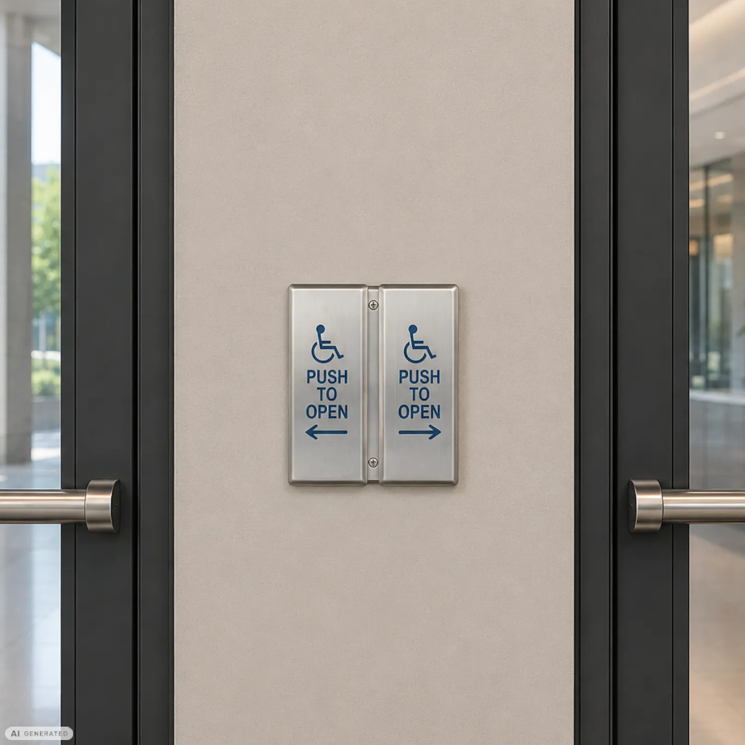 Camden CM-2520 dual push button mounted between two entrance doors
