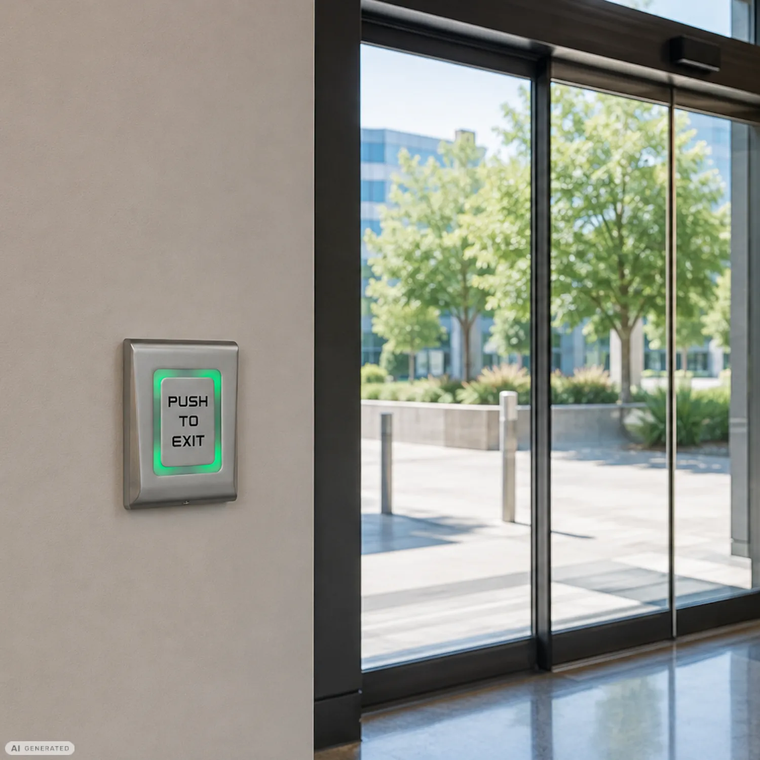 Camden CM-9800 illuminated exit switch at an automatic glass sliding door