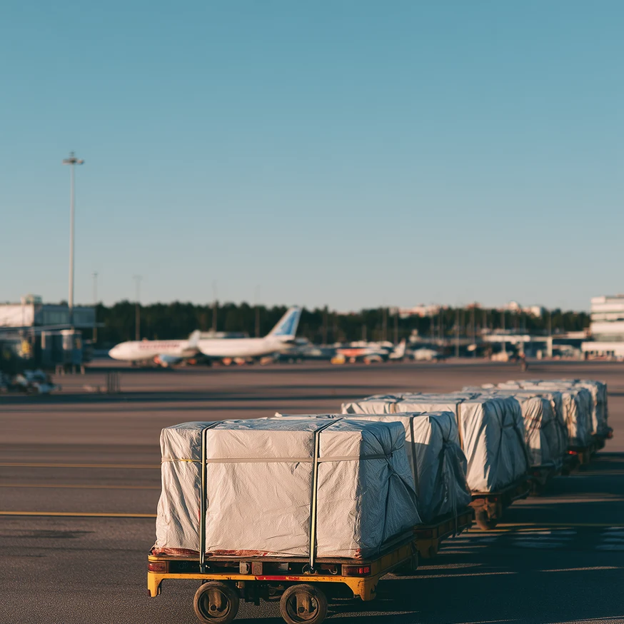 Cargo containers covered with tarps lined up on baggage carts on an airport tarmac at sunset.
