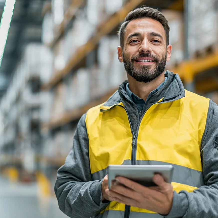 Man in yellow safety vest holding a tablet and smiling inside a warehouse.