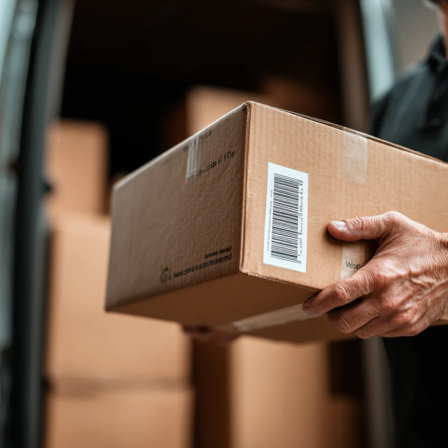 Person holding a cardboard box with a barcode, with stacked boxes blurred in the background.