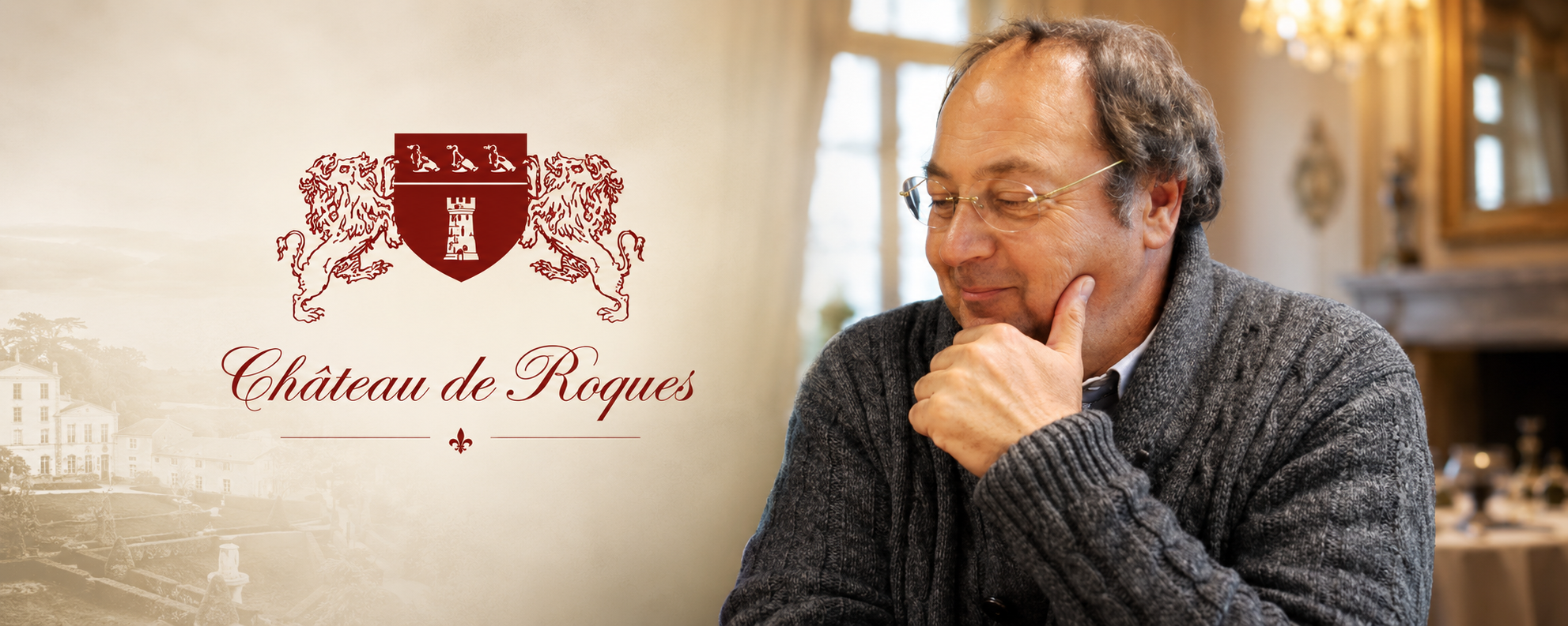 Portrait of the Château de Roques owner in an elegant venue with the estate logo and reception setting