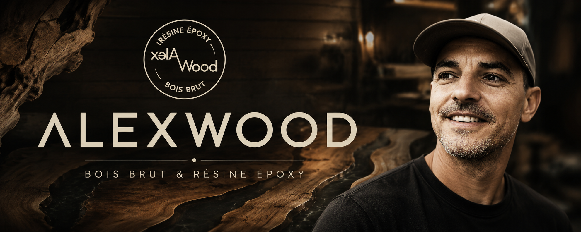 Artisan portrait of Alex Wood, specializing in custom raw wood and epoxy resin furniture
