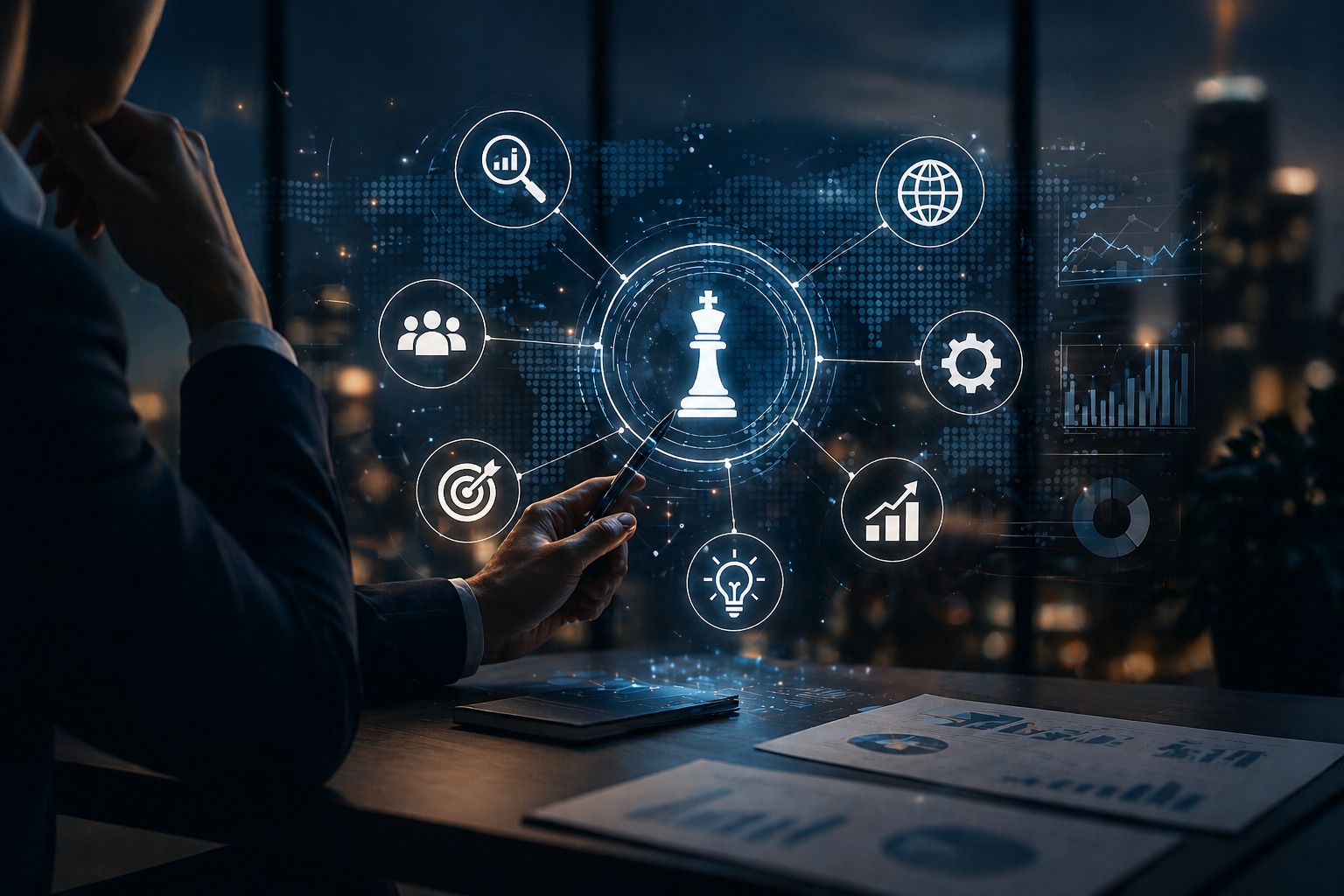 Digital strategy and artificial intelligence marketing concept with business icons