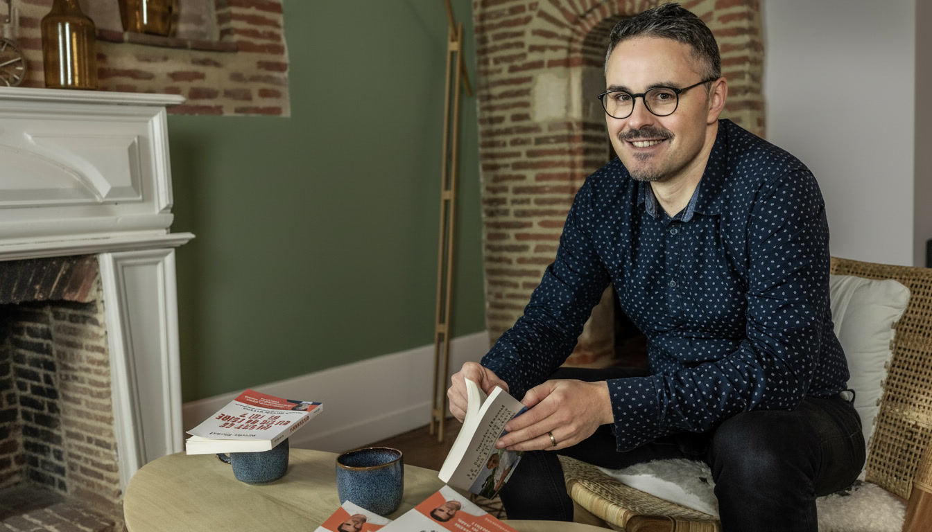 Syril Tiar, founder of a digital agency, reading a marketing book in a professional setting