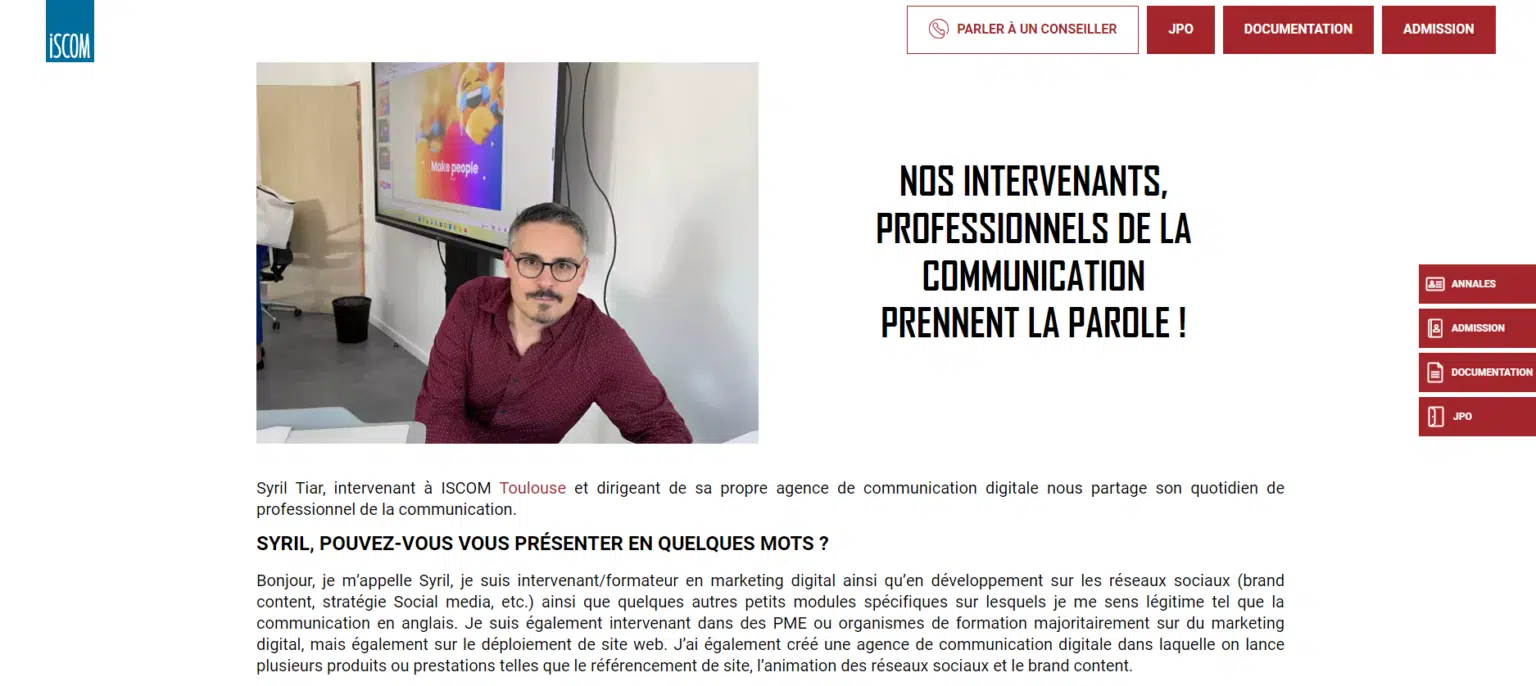 ISCOM article featuring Syril Tiar as a digital marketing trainer and communication professional in Toulouse