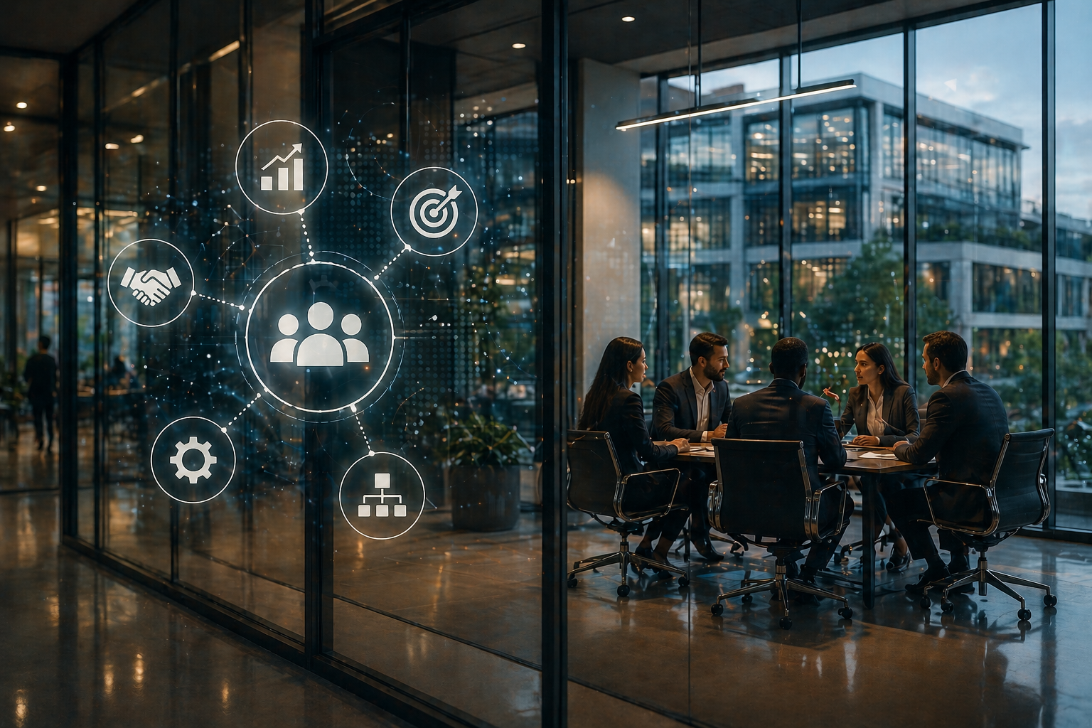 Digital marketing strategy meeting with professionals analyzing business growth icons