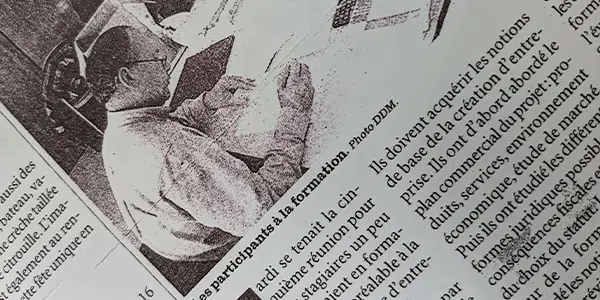 Newspaper article about Syril Tiar teaching entrepreneurship and business creation in Lavelanet