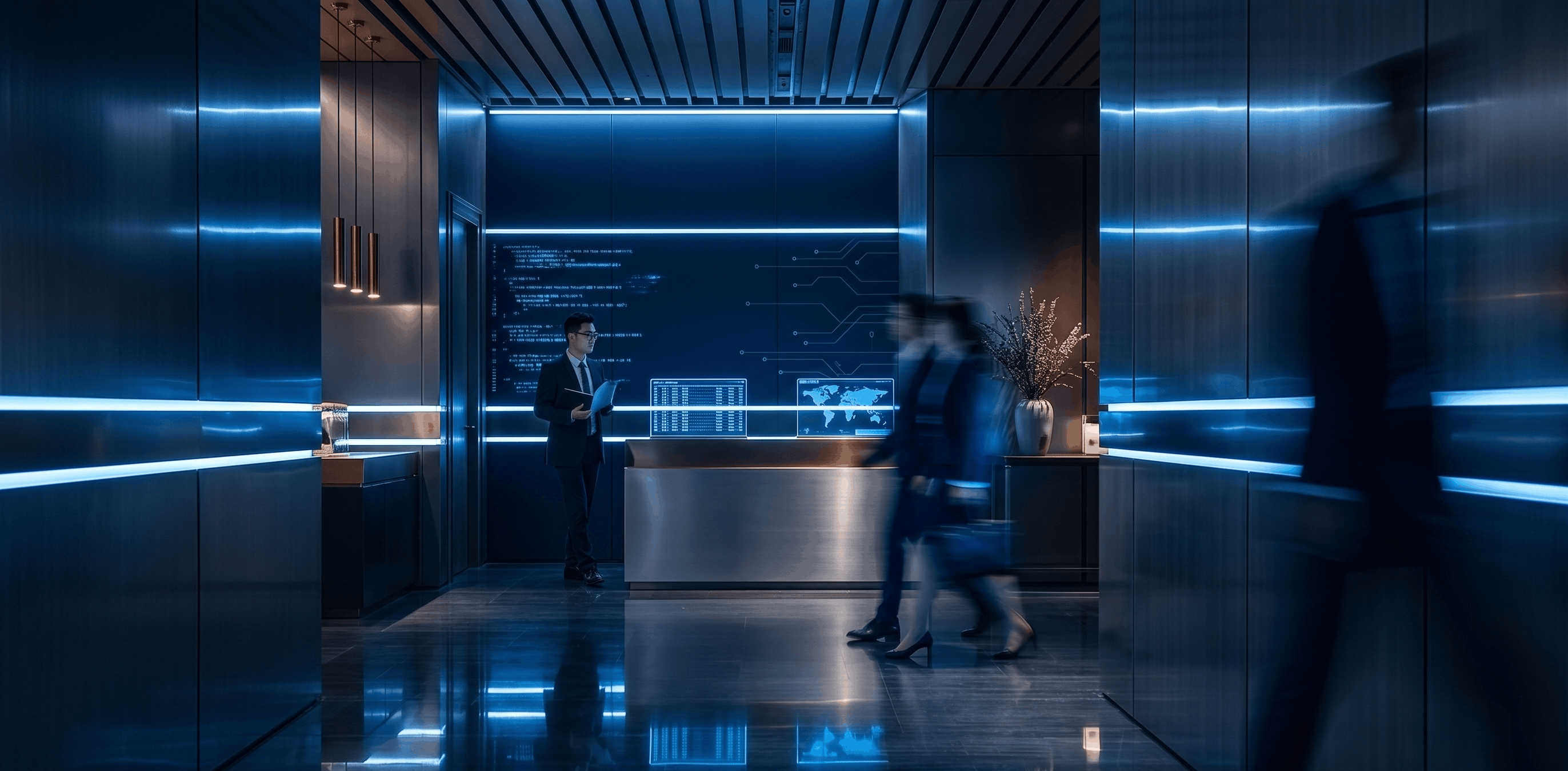 Modern digital training center reception with professionals walking through a business space