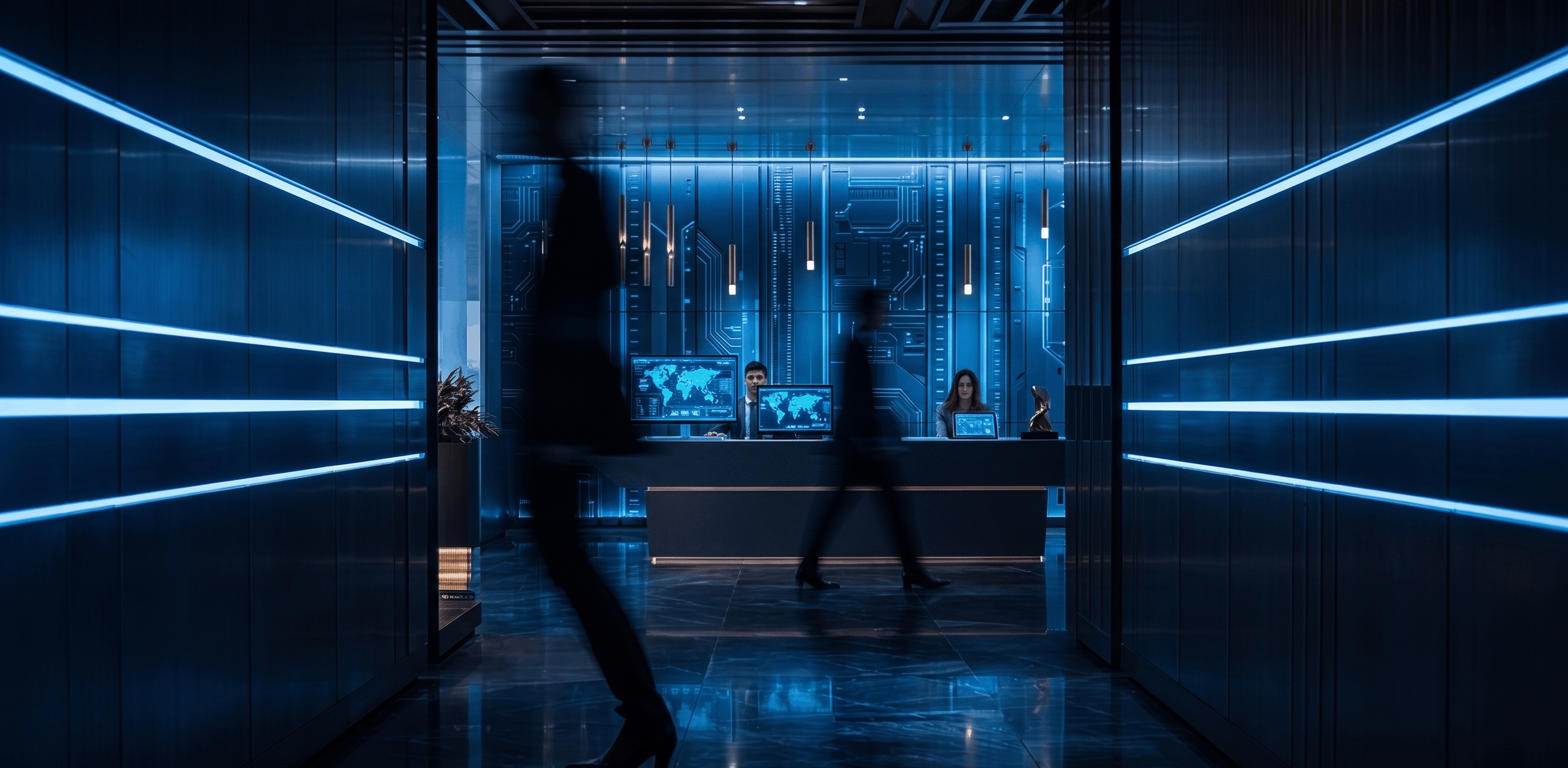 Modern digital training center corridor with professionals in a business learning environment