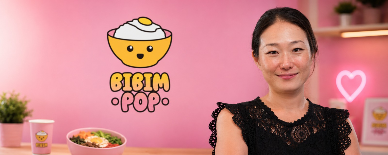 Founder of Bibim Pop Korean restaurant standing beside the brand logo and signature bibimbap bowl in a vibrant dining environment.
