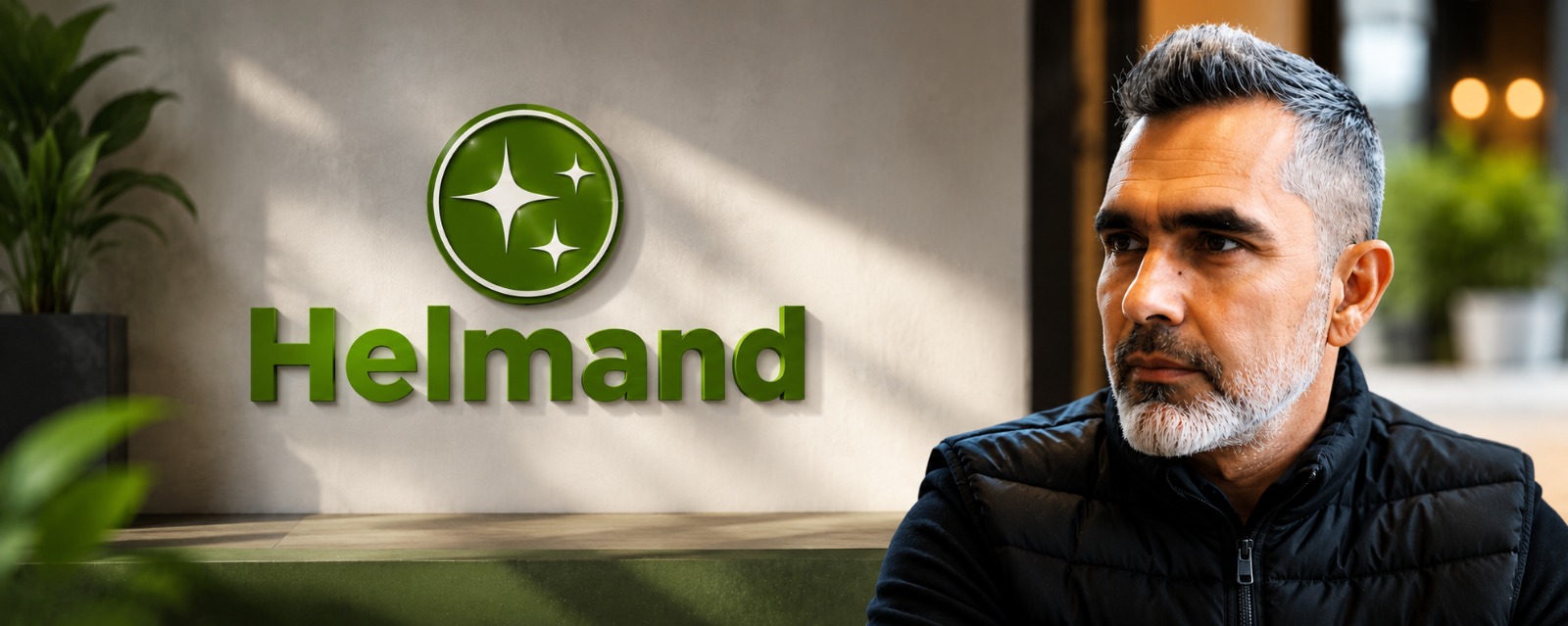 Portrait of the Helmand company founder next to the brand logo in a modern professional setting, showcasing a trusted service business.