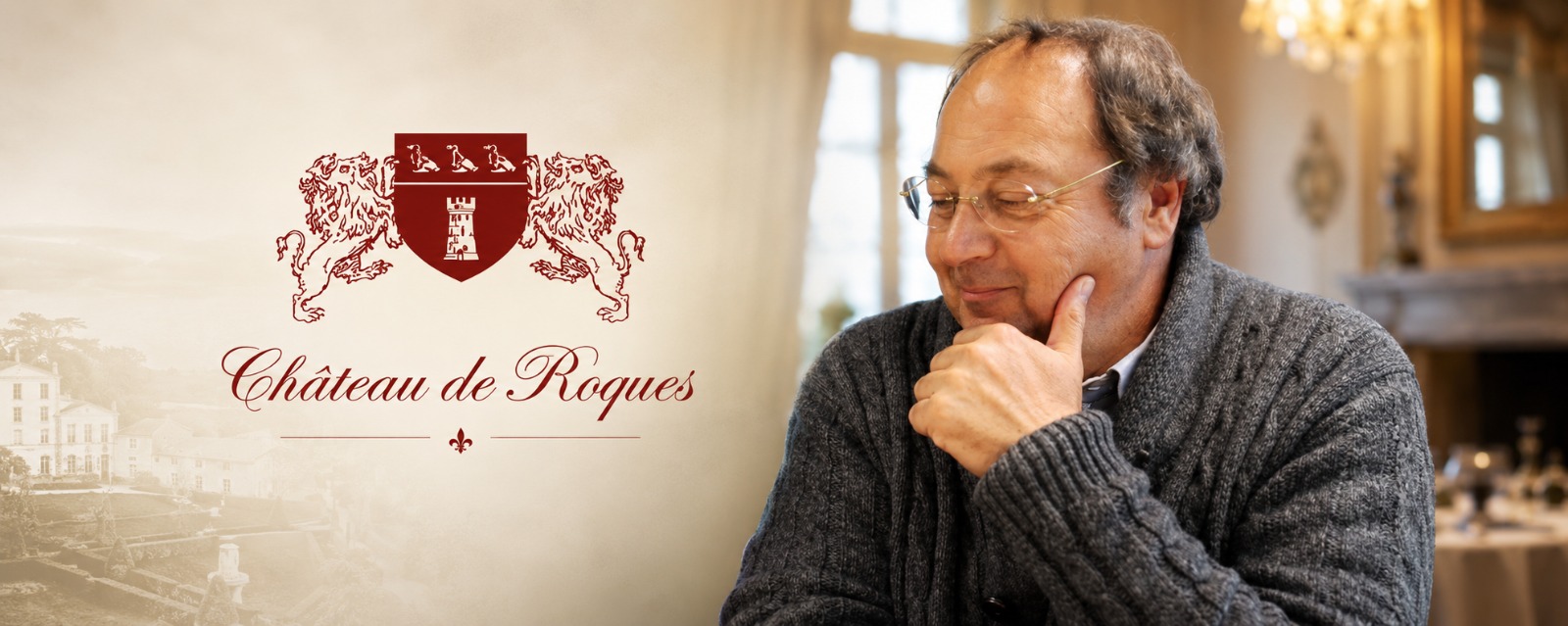 Owner of Château de Roques pictured beside the estate logo in an elegant château interior, representing a prestigious hospitality venue in France.