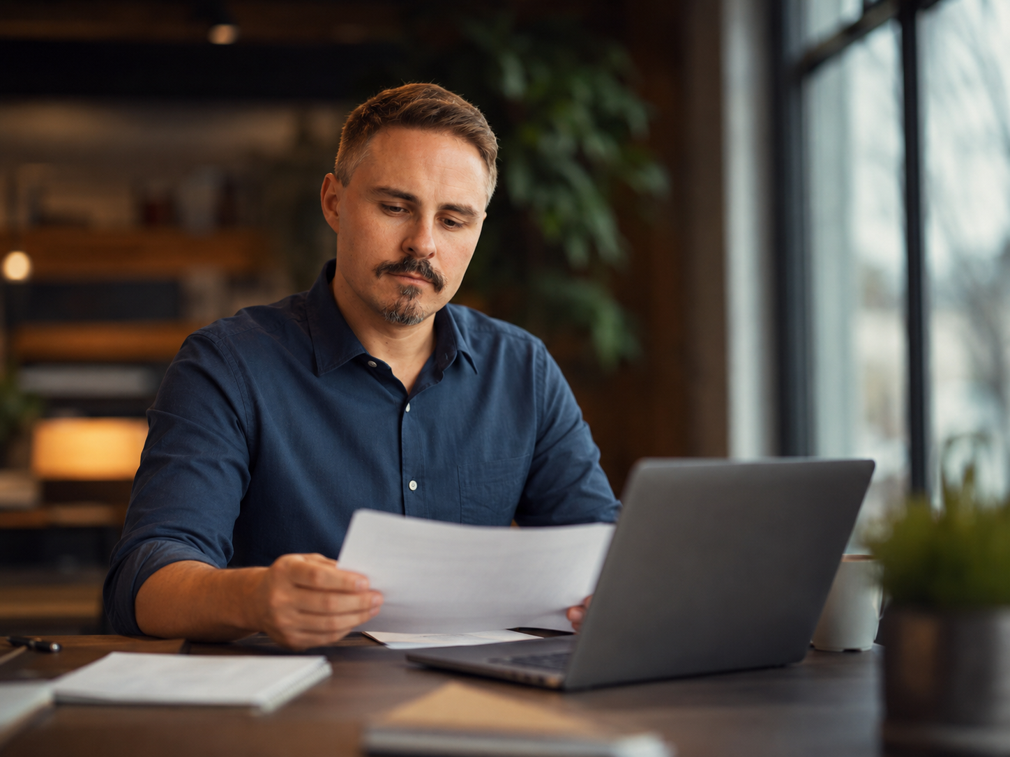 Business consultant reviewing documents and working on digital strategy analysis with a laptop