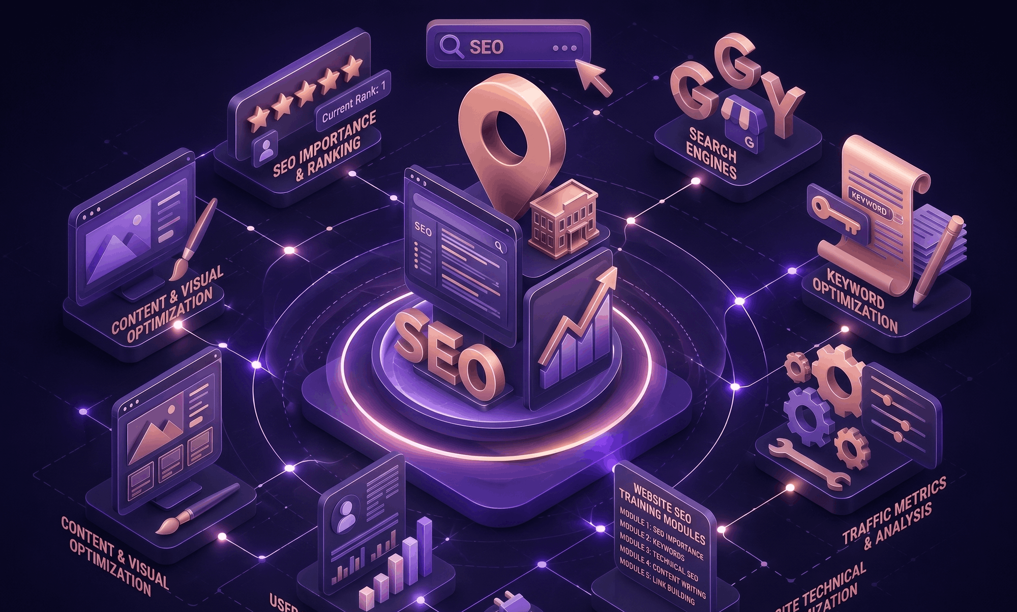 Website SEO training course covering search engines, keyword optimization and technical on-site optimization