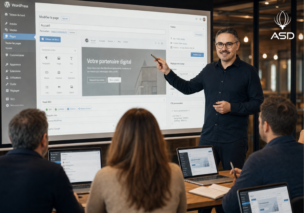 Syril Tiar leading a WordPress website training session with the WordPress page editor, SEO settings and digital partner homepage displayed on a large screen