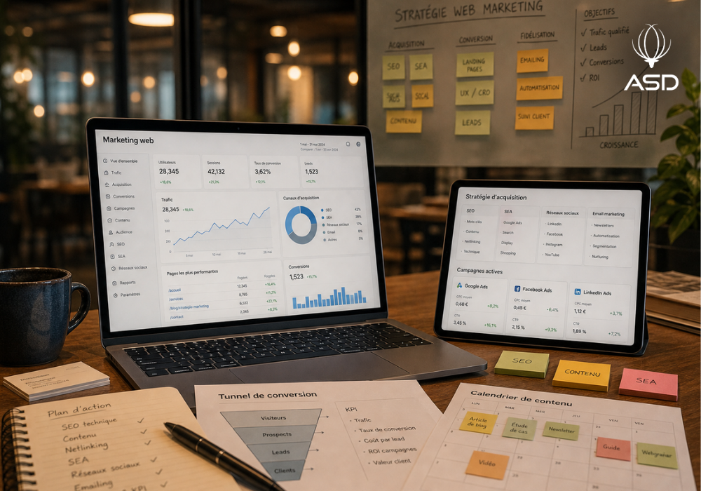 Web marketing strategy workspace with analytics dashboards, acquisition channels, conversion funnel, content calendar, SEO, SEA, social media and email marketing action plan