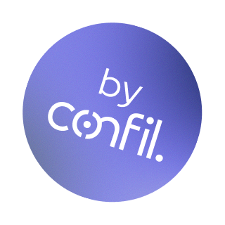 Rundes blau-violettes Emblem mit weißem Text ‚by conﬁl.‘ in leicht schräger Schrift.