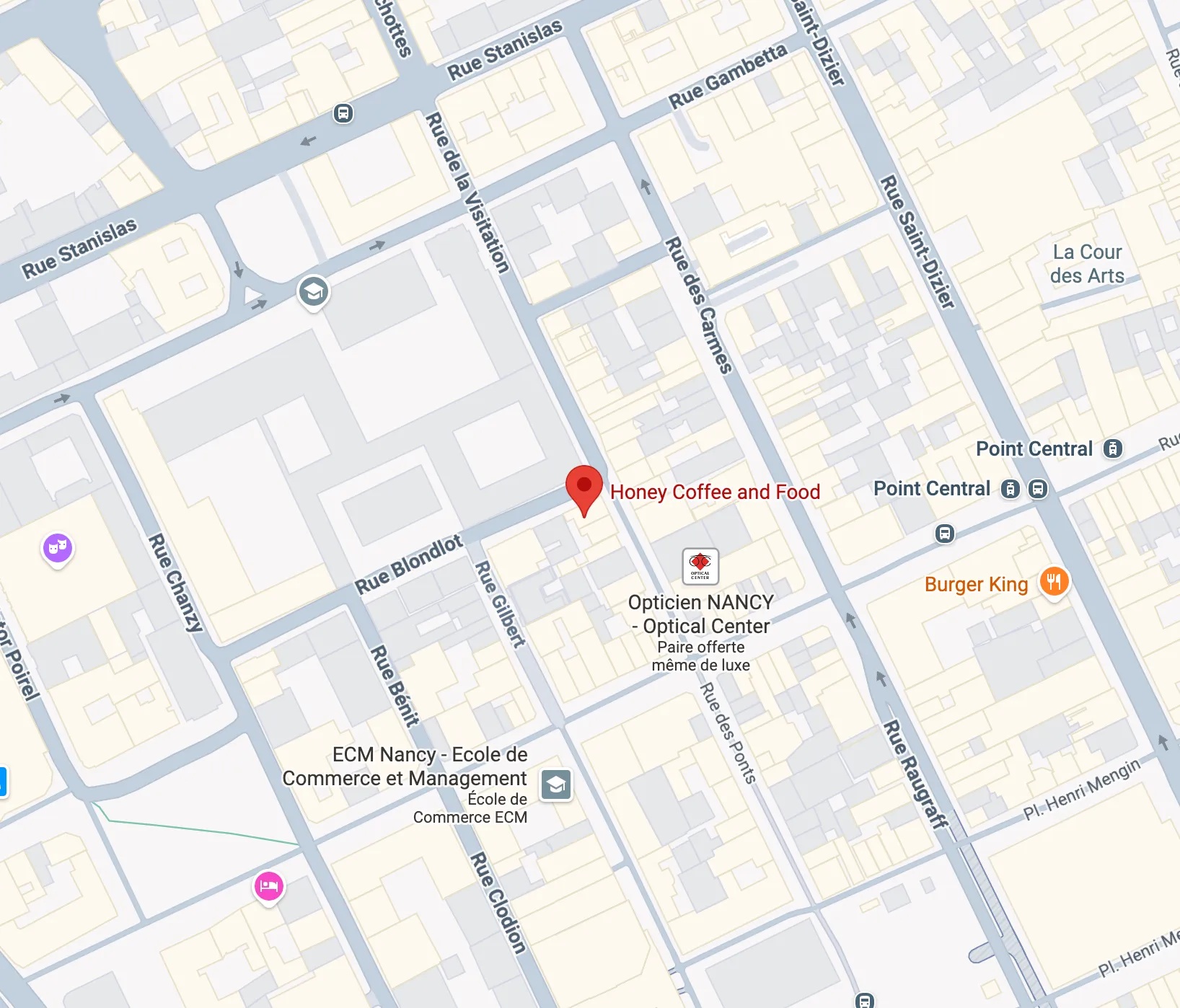 Une capture d'écran d'une carte avec une épingle localisant l'établissement "Honey - Coffee & Food".