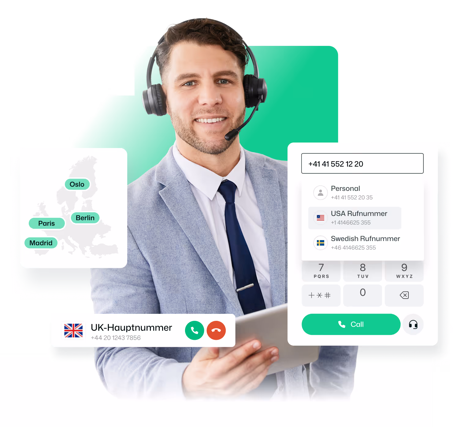 Man in headset and suit holding tablet with call interface and European city labels on map.