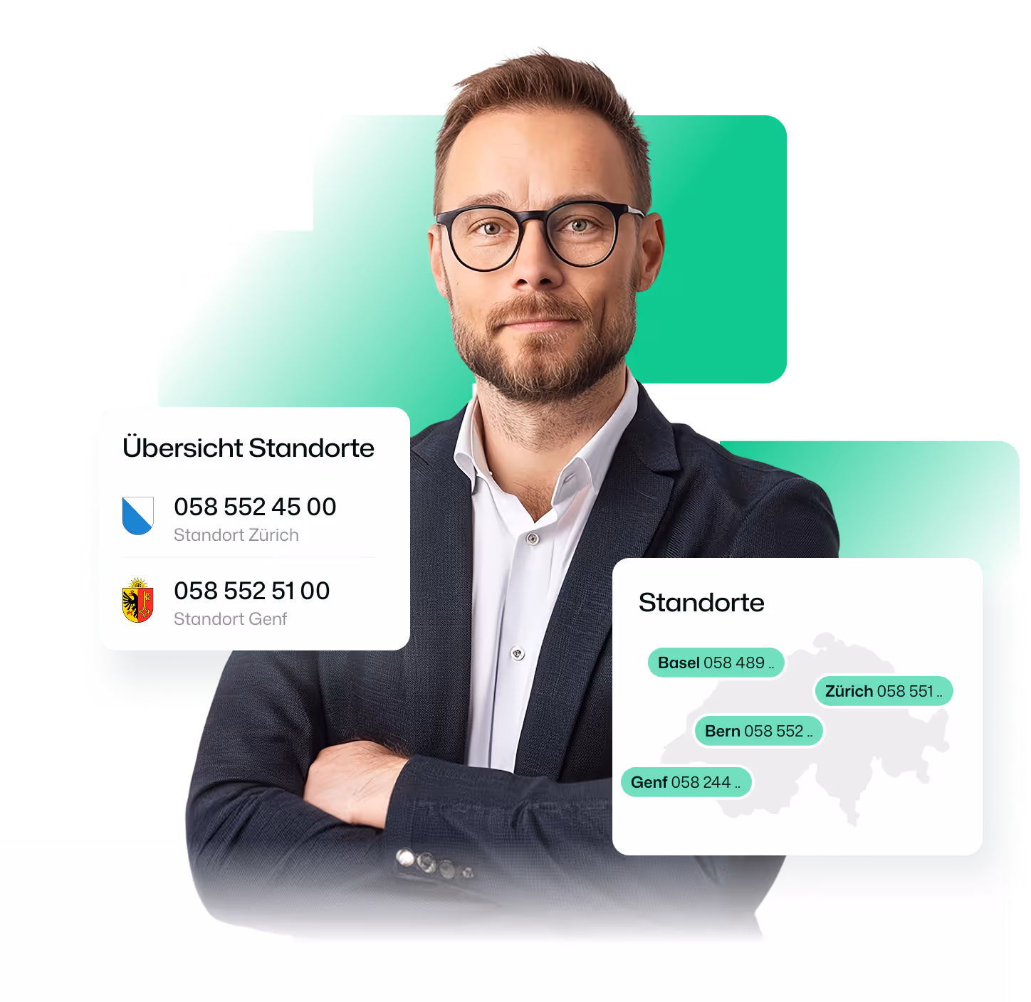 Man with glasses and beard stands with arms crossed between location info cards for Swiss cities.
