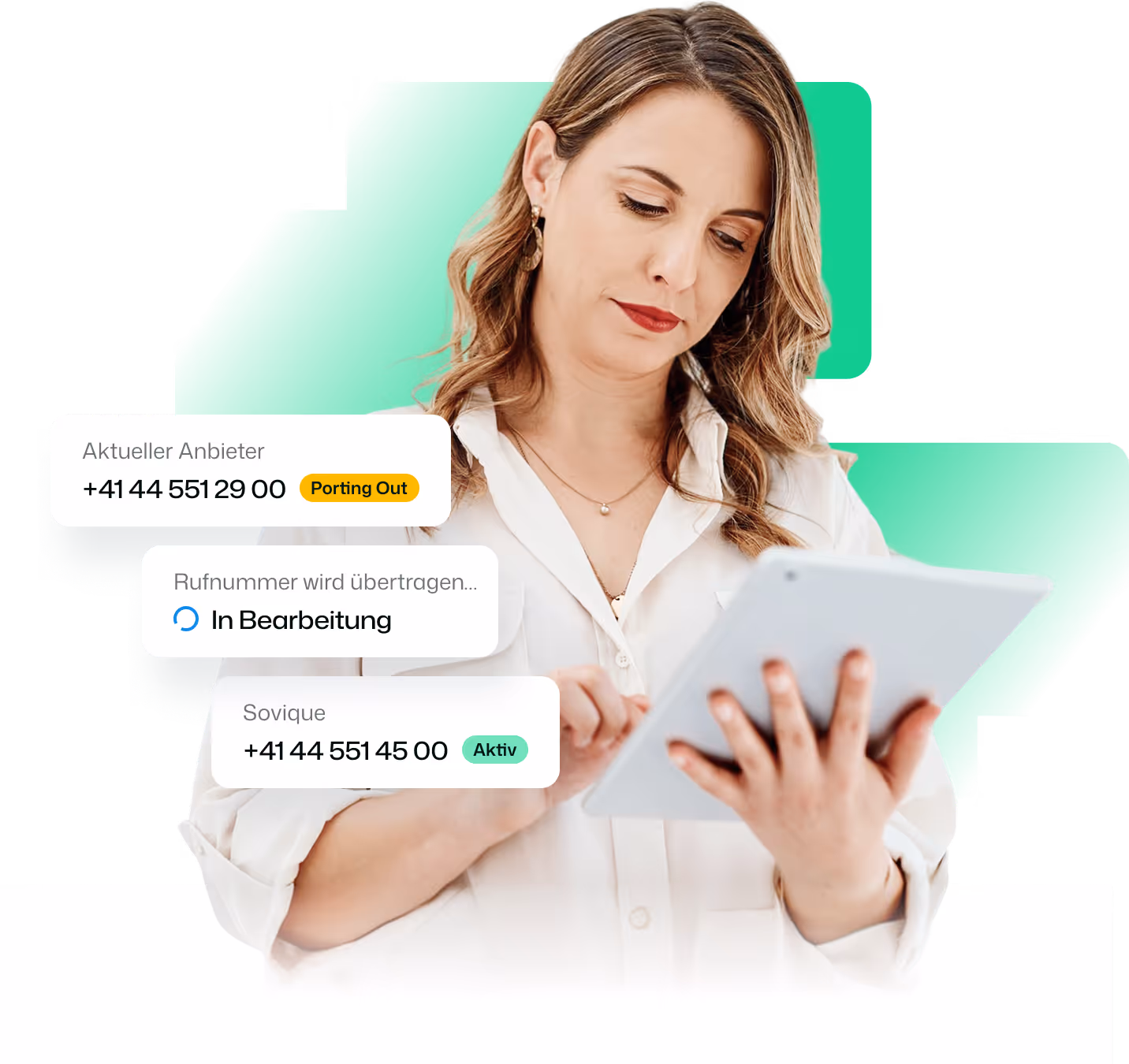 Woman using a tablet with phone number status boxes labeled Porting Out, In Progress, and Active.