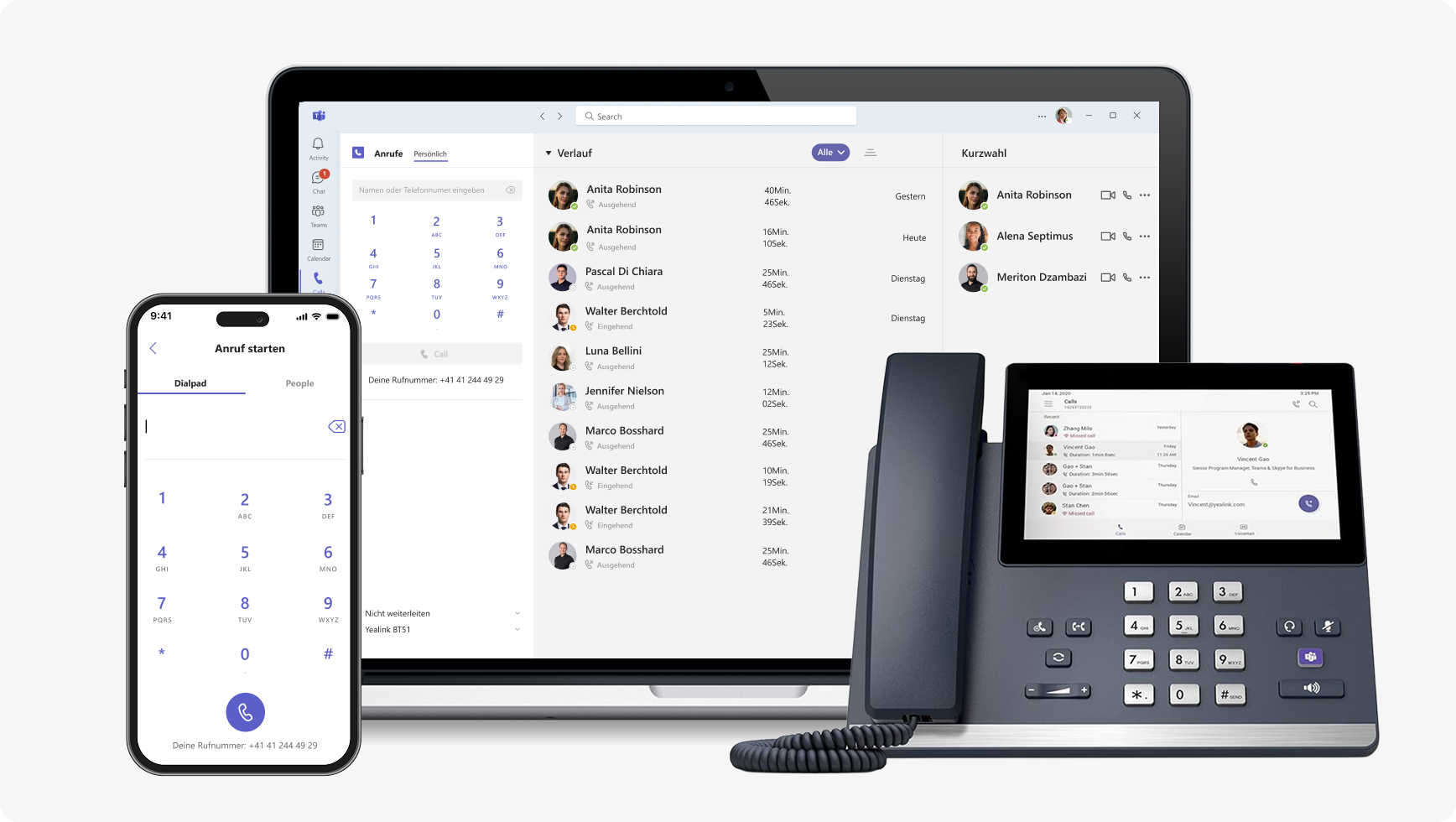 Smartphone, laptop, and desk phone showing a unified communication app interface.