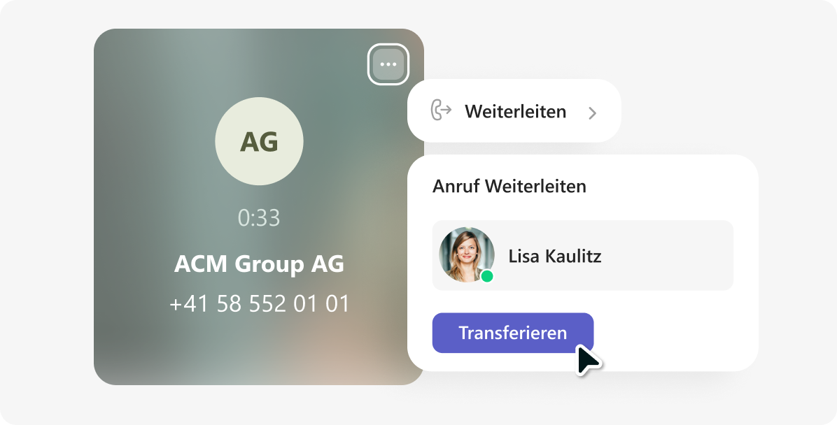 Call interface showing ACM Group AG number being transferred to Lisa Kaulitz with transfer button clicked.