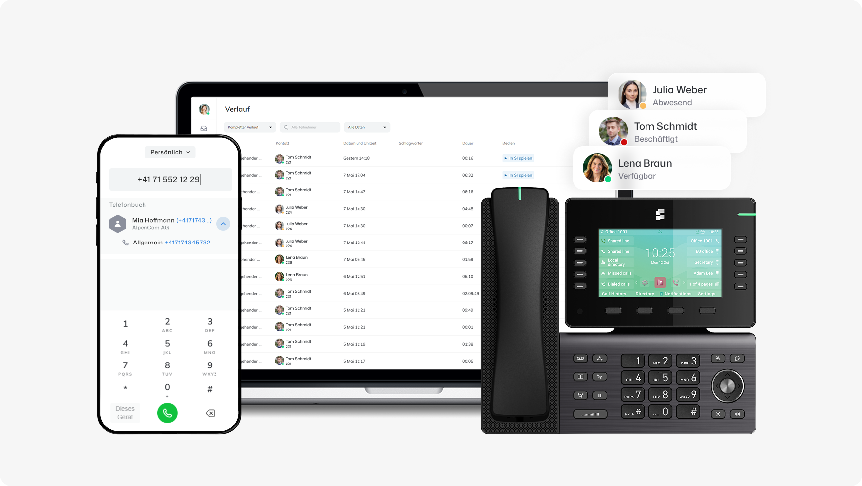 Smartphone, laptop, and desk phone displaying communication and call interfaces in German.