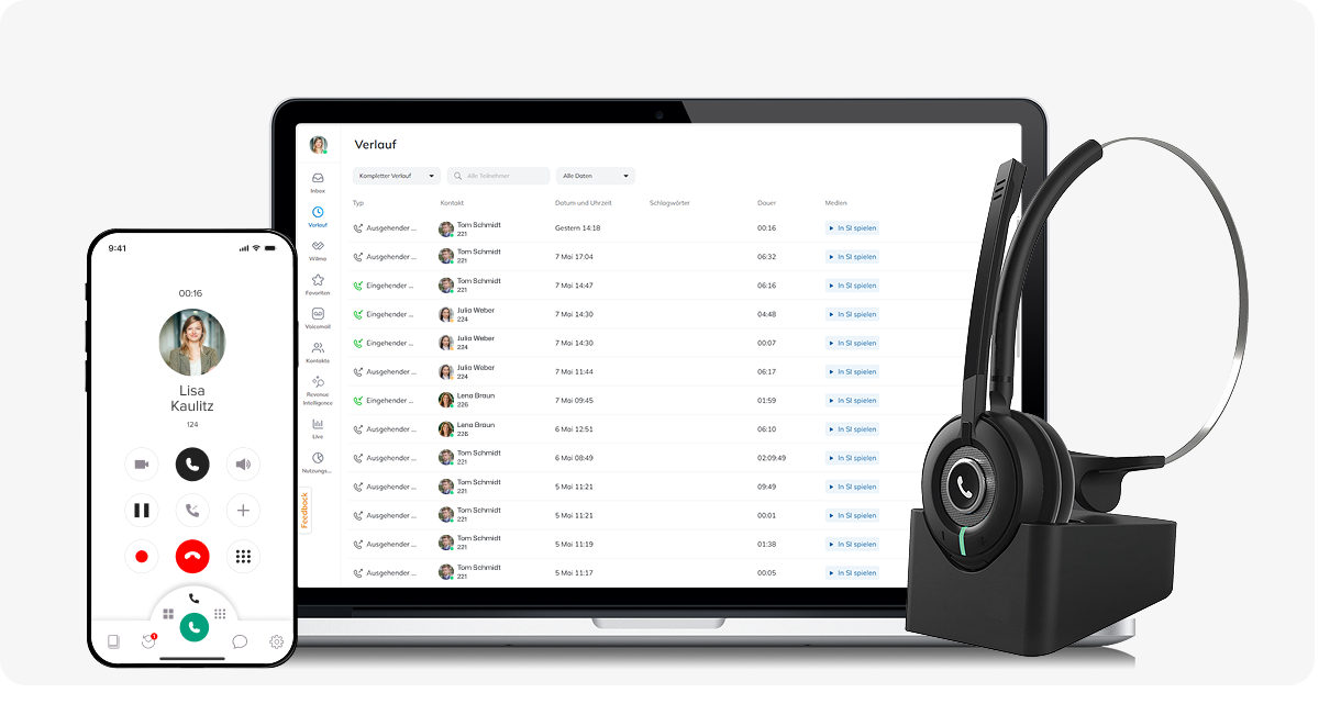 Mobile phone showing active call, laptop with call logs, and wireless headset on charging stand.