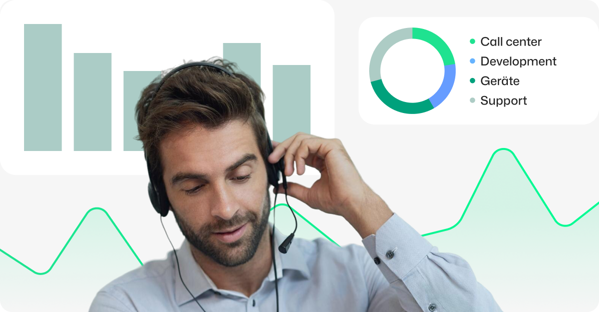 Man in headset looking down with charts and a donut chart showing call center, development, devices, support.