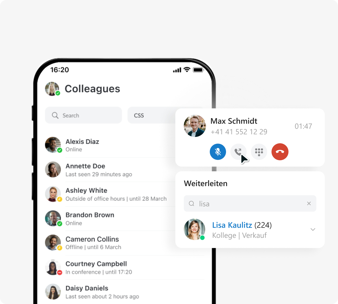 Mobile app showing colleagues status list with call interface and call forwarding to Lisa Kaulitz.