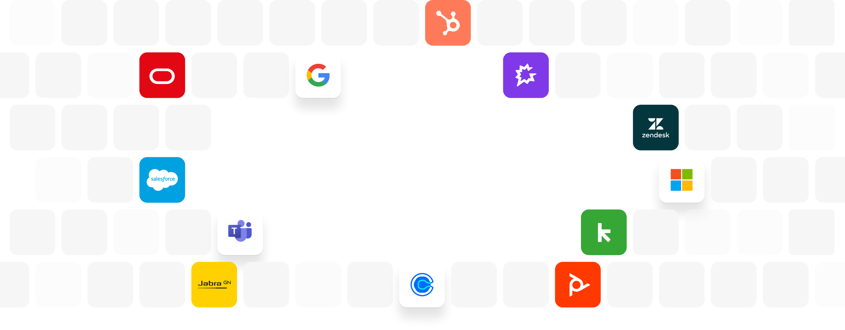 Collage of software logos including Google, Microsoft, Salesforce, Teams, Zendesk, and HubSpot on keyboard keys.