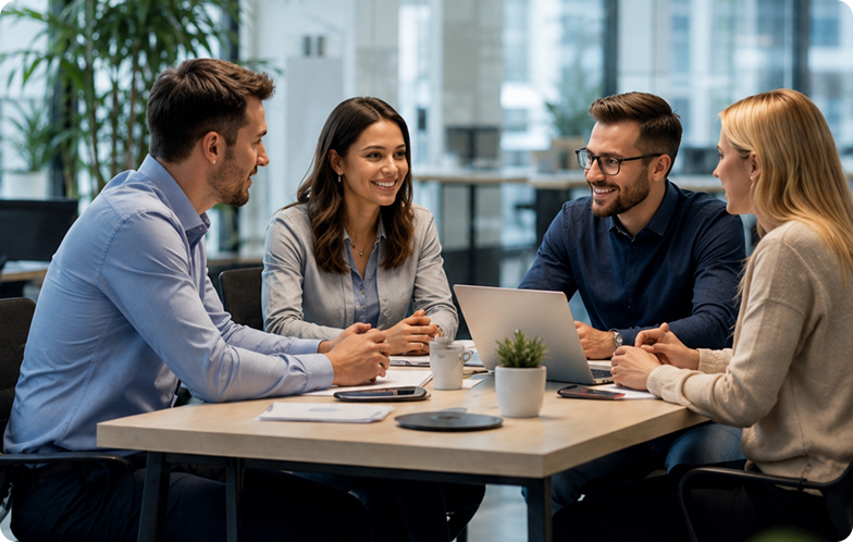 Four young professionals having a discussion around a table in a modern office with a laptop and documents.