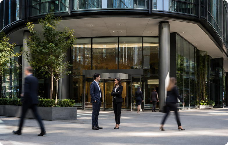 Two business professionals having a conversation outside a modern glass office building entrance.
