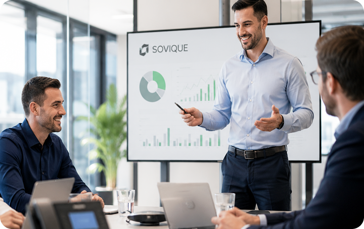 Businessman giving presentation with charts on screen to colleagues in modern office meeting.