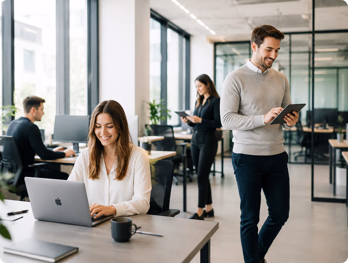 Smiling businesswoman working on laptop and colleagues using digital devices in bright modern office.