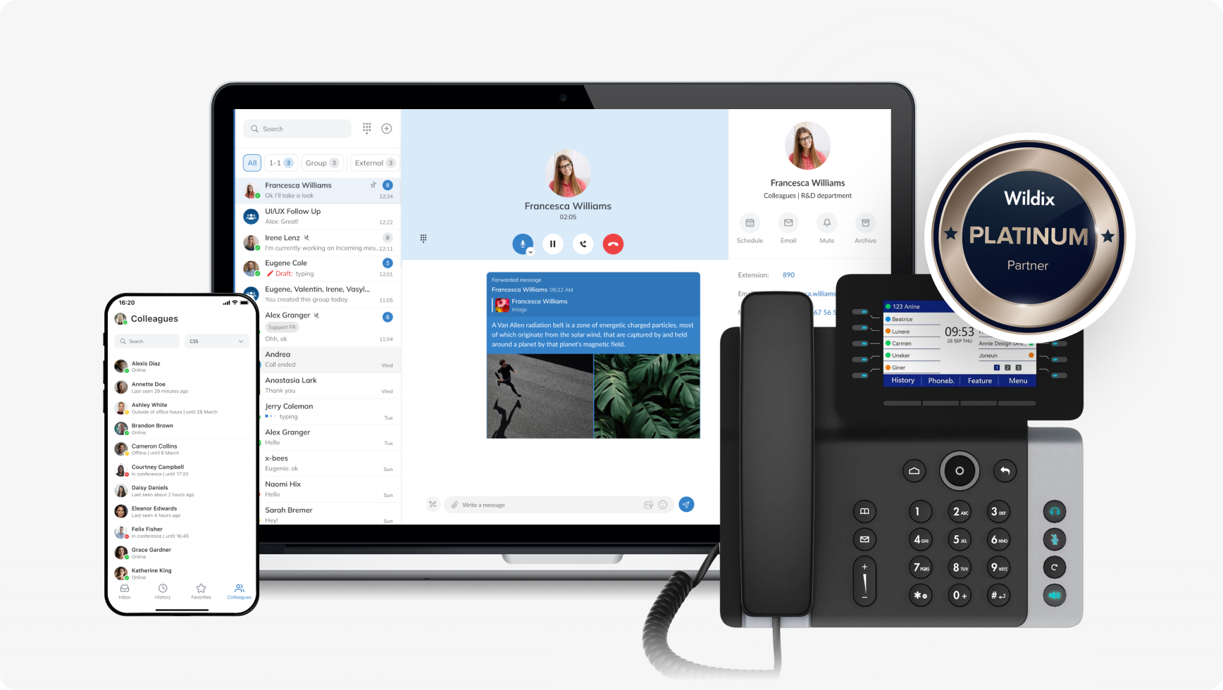 Business communication displayed on laptop, mobile phone, and desk phone with Wildix Platinum Partner badge.