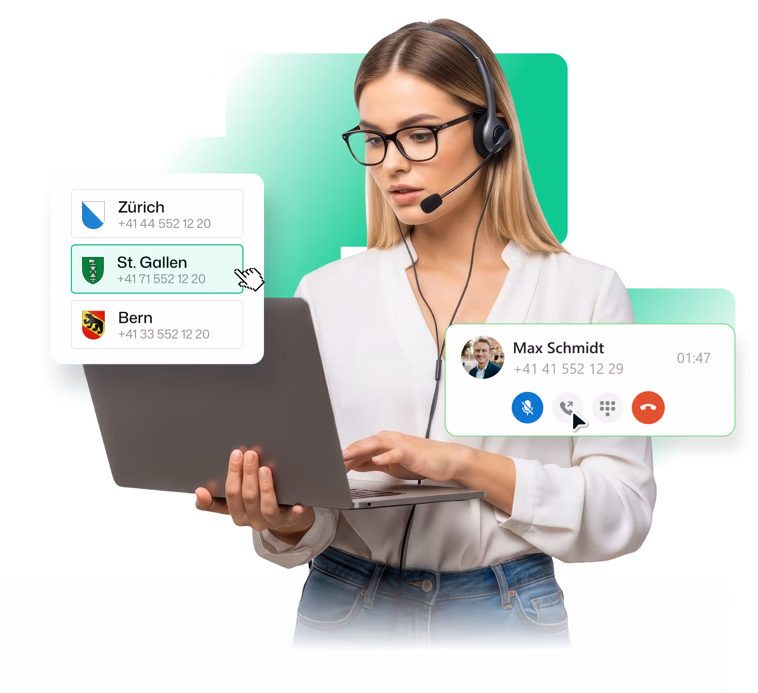 Woman with headset using laptop with call interface showing Swiss city options and active call details.